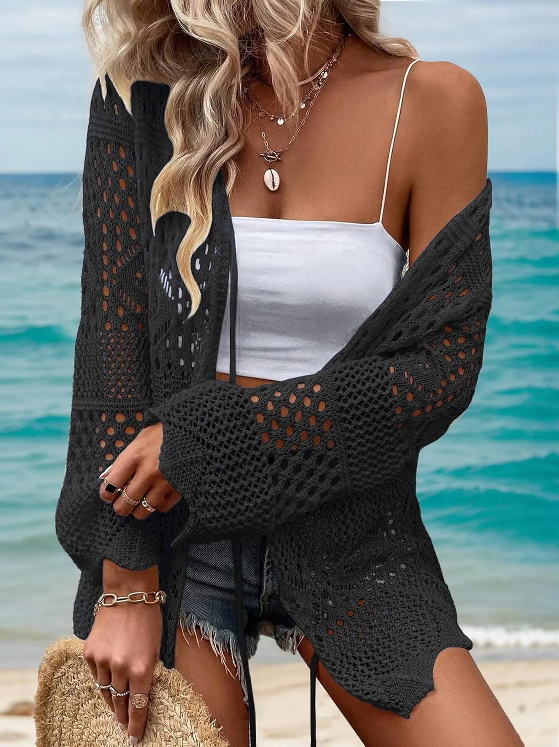 AI'MAGE Womens Kimono Beach Cover Up Crochet Swimsuit Coverups Summer Loose Knit Cardigans Causal Blouse Tops Swimwear S-XXL