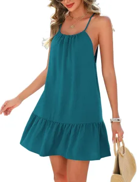 AI'MAGE Womens Swimsuit Cover Up Spaghetti Strap Backless Short Beach Bathing Suit Tank Dress with Ruffle Hem S-3XL