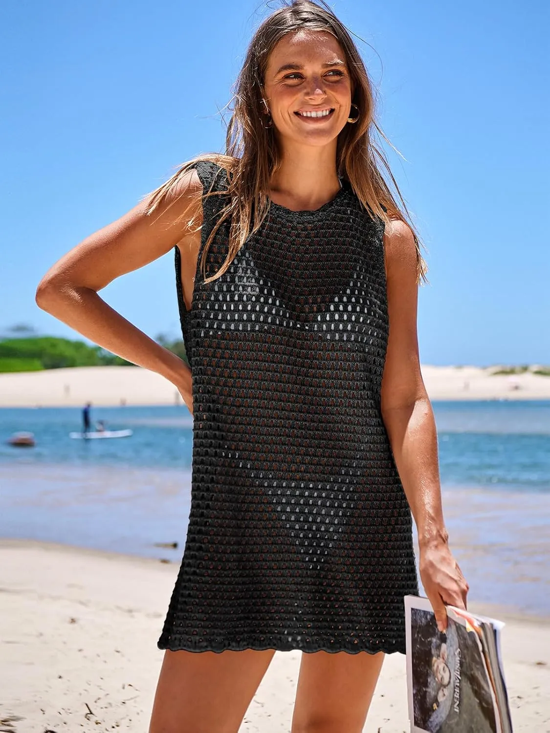 ANRABESS Womens Swimsuit Cover Up Sleeveless Knit 2025 Summer Outfits Swimwear Bathing Suit Coverup Crochet Beach Dress