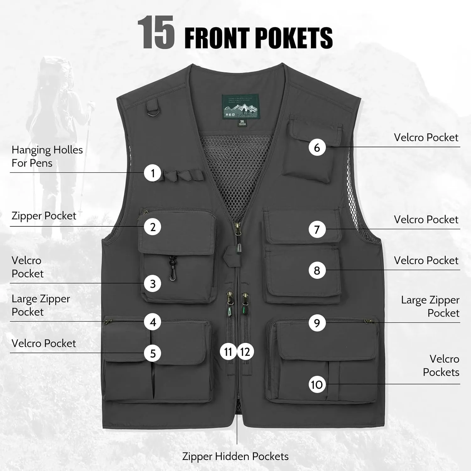 AOTORR Mens Outdoor Work Safari Cargo Photo Travel Fishing Vests for Men with Multi-pockets