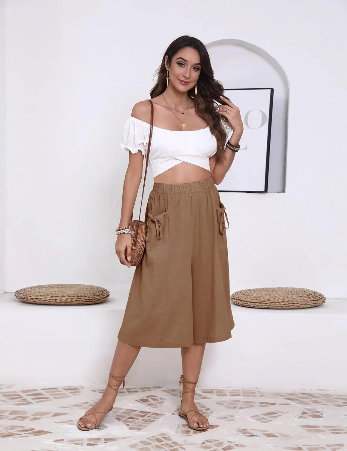 Bianstore Women's Culottes Casual Wide Leg Capris Elastic Waist Palazzo Beach Pants