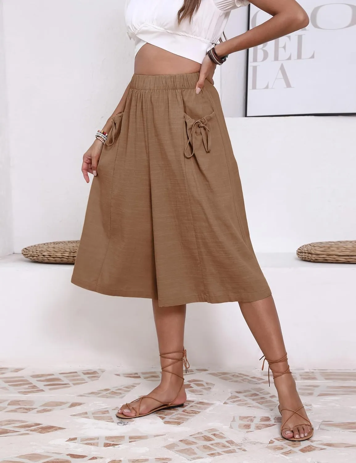 Bianstore Women's Culottes Casual Wide Leg Capris Elastic Waist Palazzo Beach Pants
