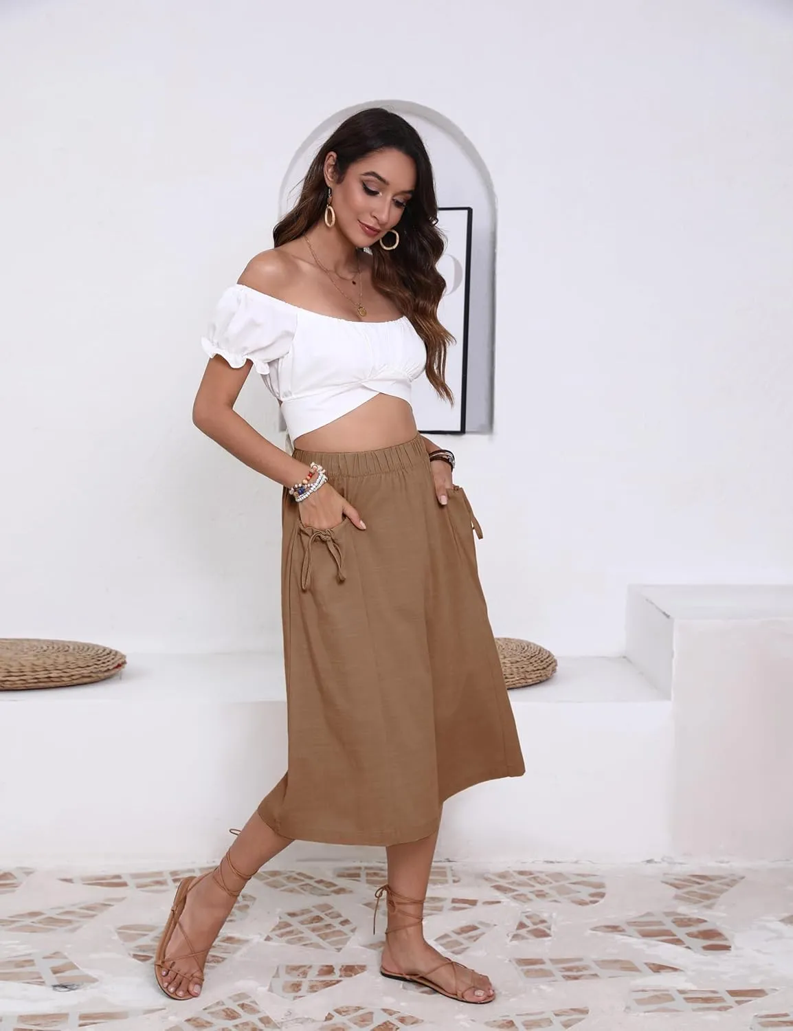 Bianstore Women's Culottes Casual Wide Leg Capris Elastic Waist Palazzo Beach Pants