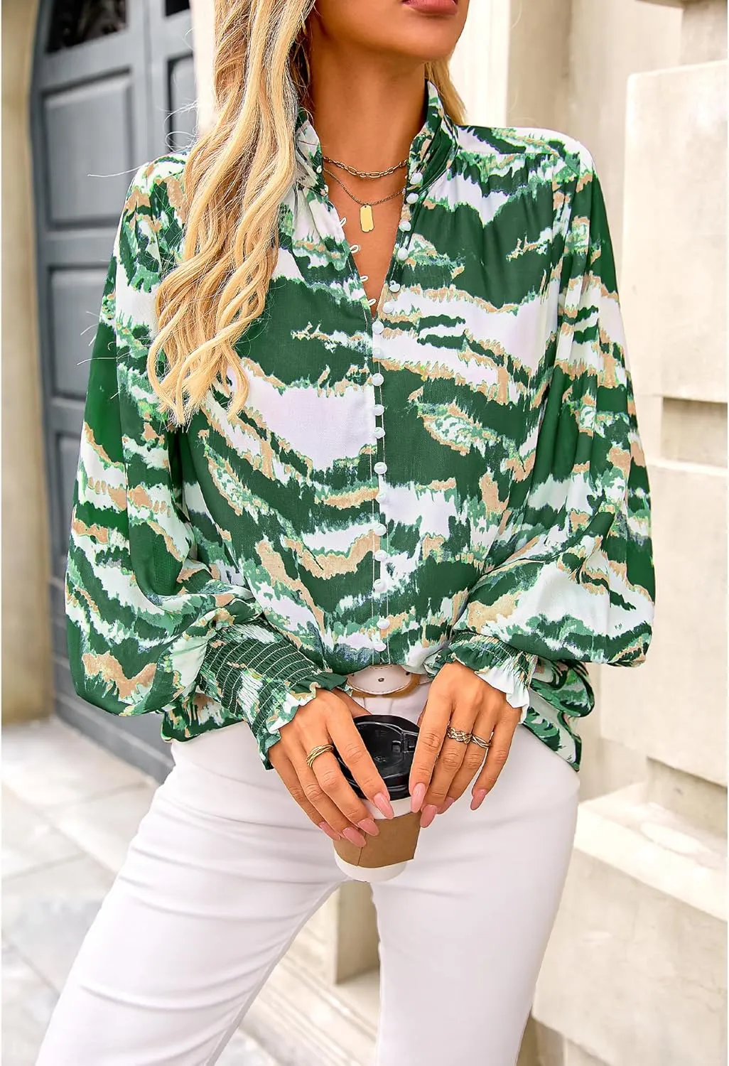 BTFBM Spring Fashion 2025 Button Down Long Sleeve Blouses for Women Dressy Casual V Neck Loose Printed Boho Tops Shirts