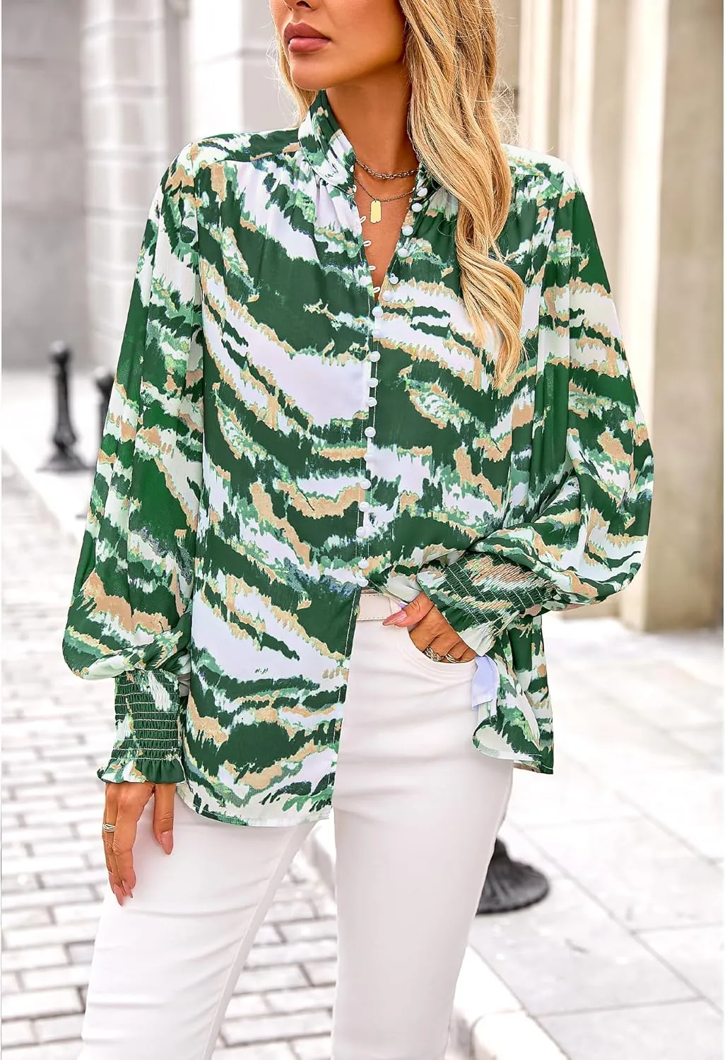 BTFBM Spring Fashion 2025 Button Down Long Sleeve Blouses for Women Dressy Casual V Neck Loose Printed Boho Tops Shirts