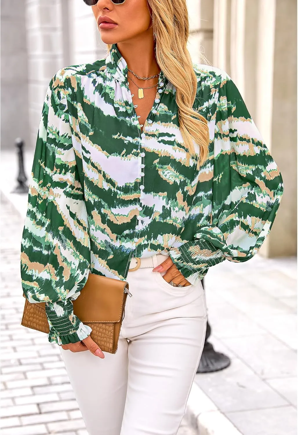 BTFBM Spring Fashion 2025 Button Down Long Sleeve Blouses for Women Dressy Casual V Neck Loose Printed Boho Tops Shirts