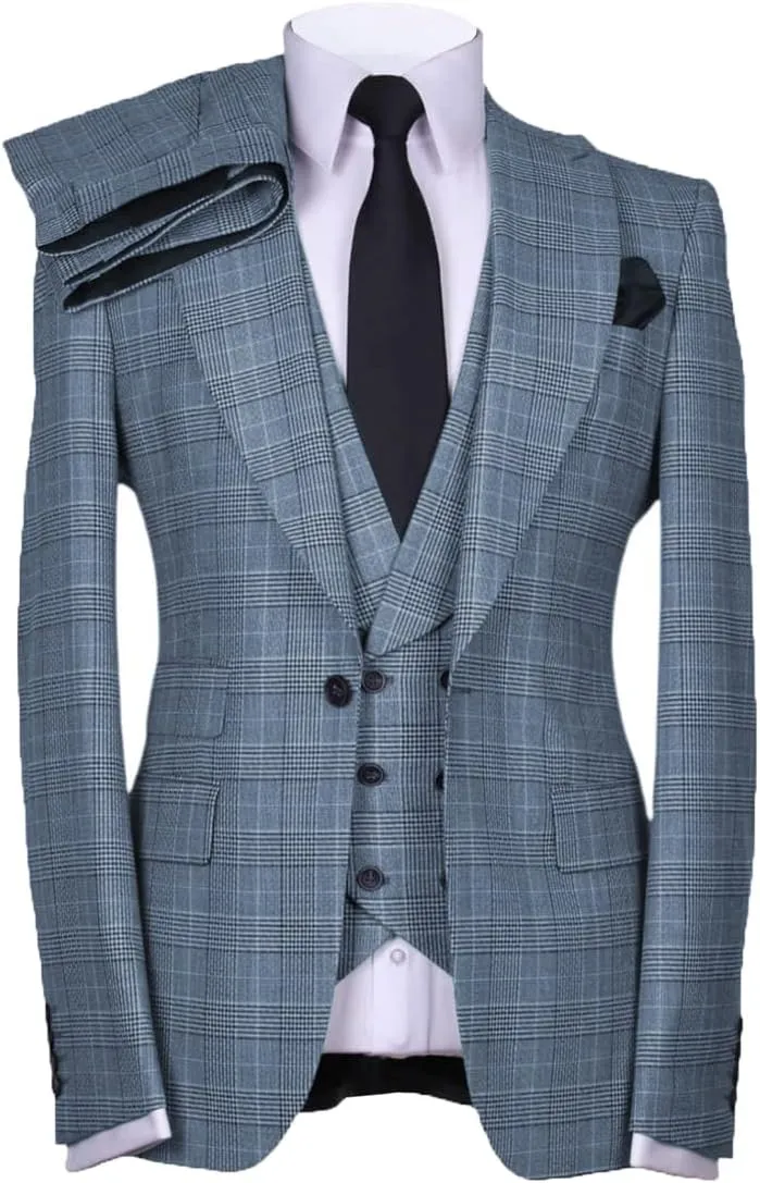 Casual Men's Suits Regular Fit 3 Pieces Double Breasted Plaid Wool Tuxedos Business Blazer Vest Pants Wedding