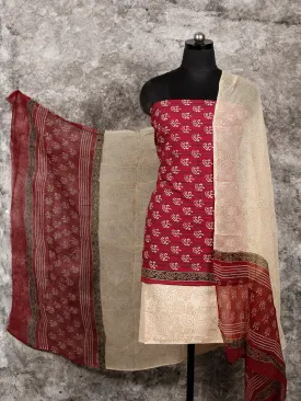 Cherry Red Beige Black Hand Block Printed Cotton Suit-Salwar Fabric With Chiffon Dupatta (Set of 3) - SU01HB363
