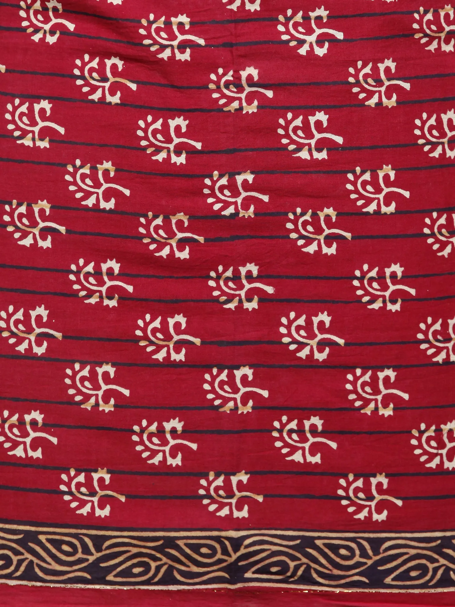 Cherry Red Beige Black Hand Block Printed Cotton Suit-Salwar Fabric With Chiffon Dupatta (Set of 3) - SU01HB363