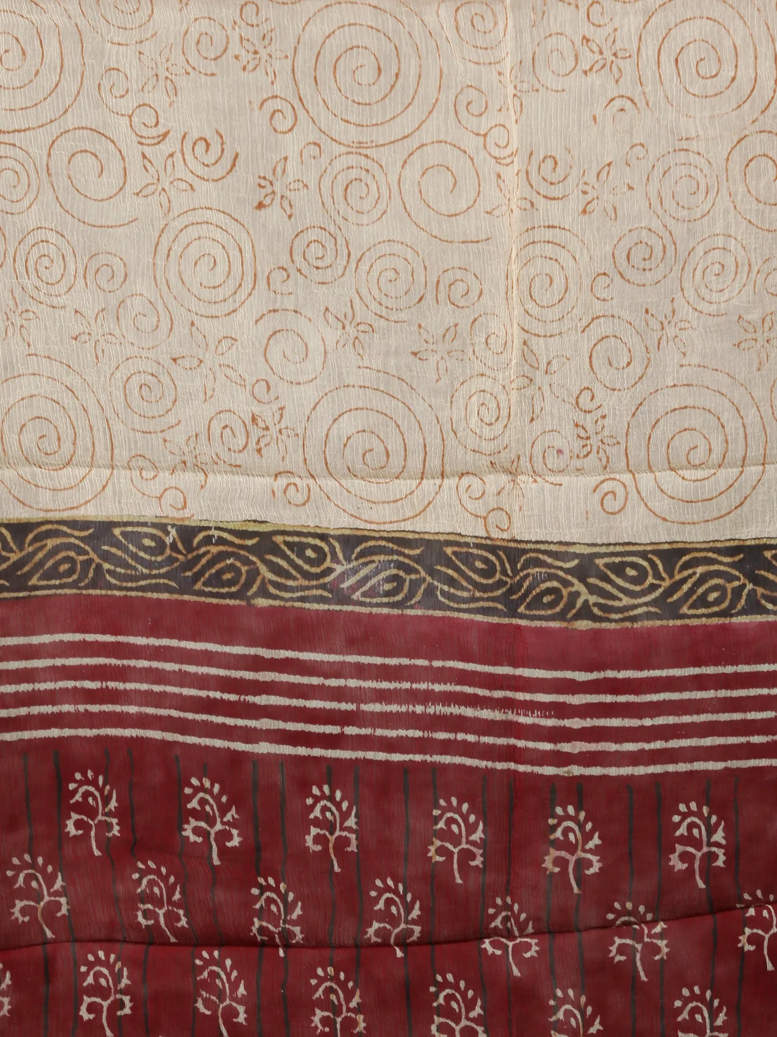 Cherry Red Beige Black Hand Block Printed Cotton Suit-Salwar Fabric With Chiffon Dupatta (Set of 3) - SU01HB363