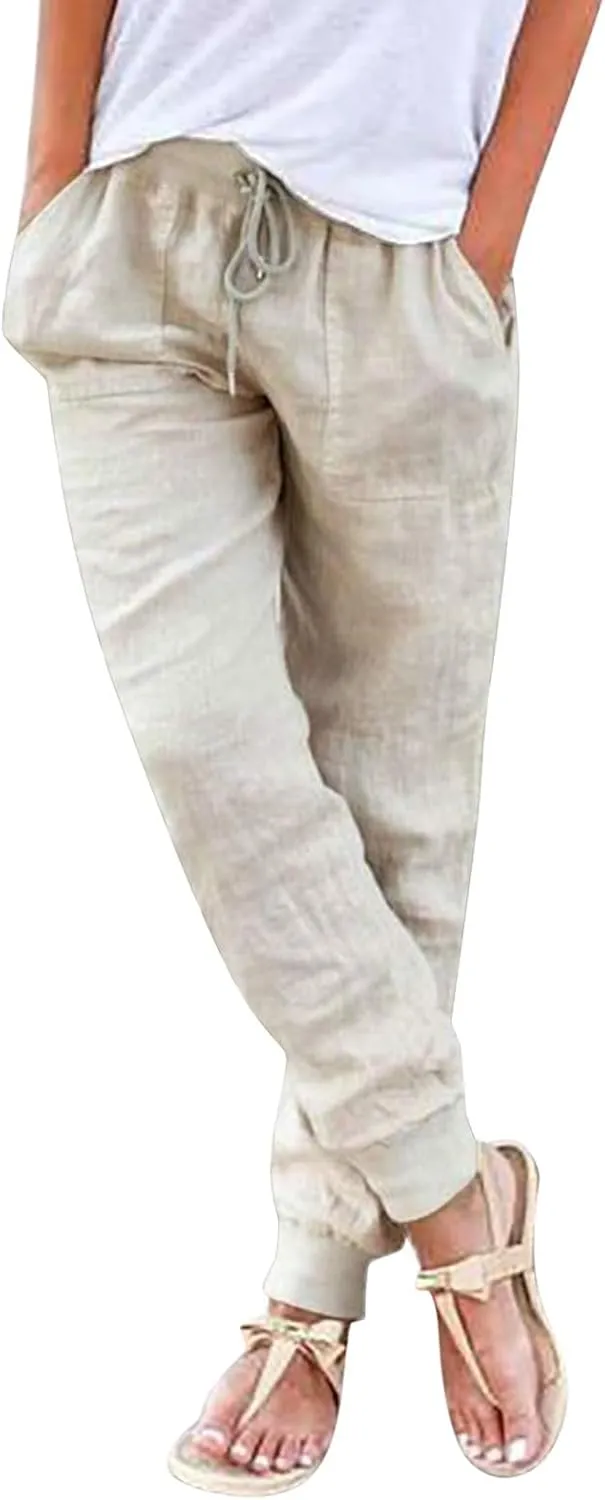 Cotton Joggers for Women Elastic Waist Lightweight Tapered Leg Sweatpants with Pockets Summer Casual Vacation Clothes