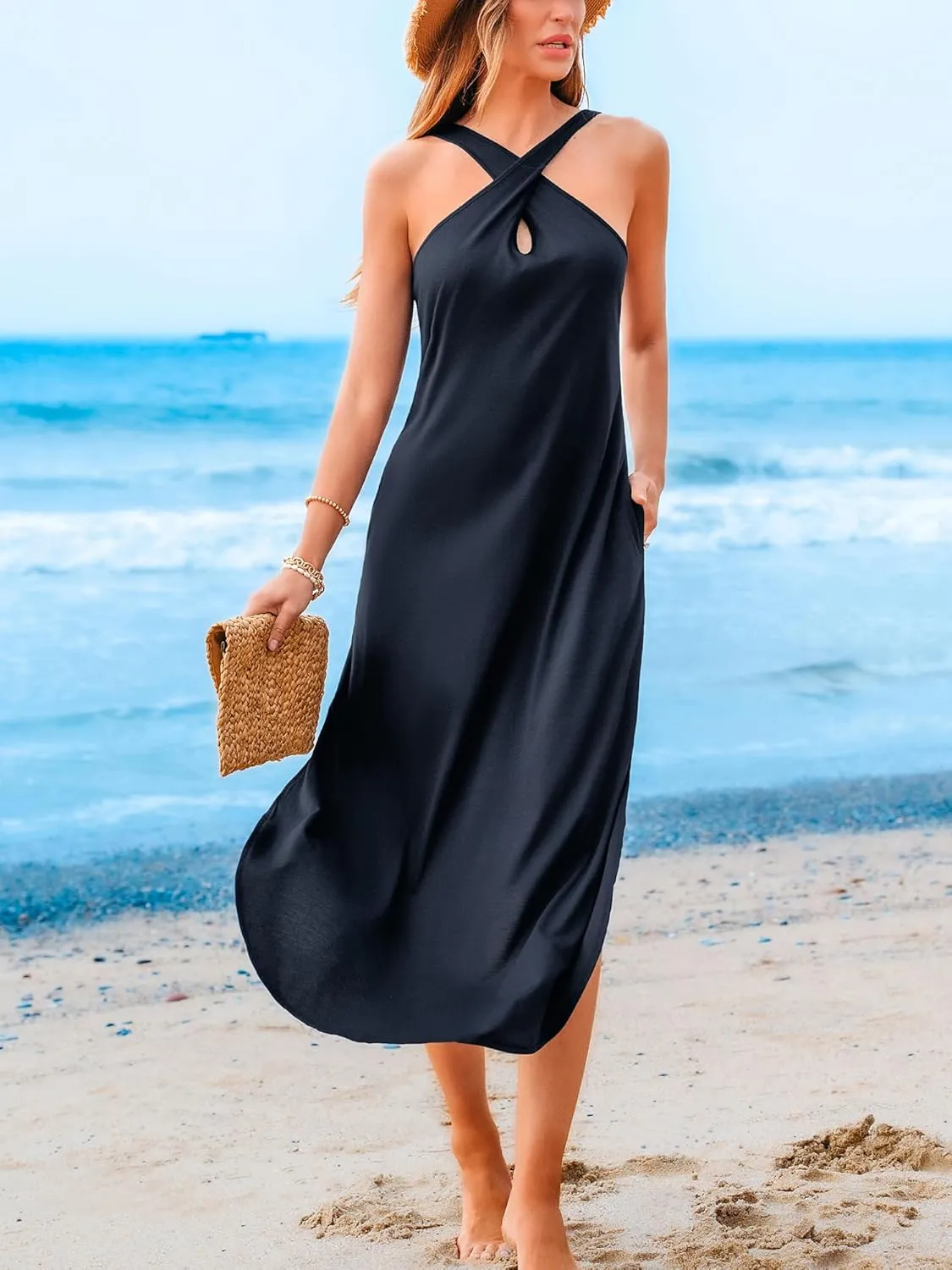 CUPSHE Women Casual Summer Dresses Knit Sundress Halter Sleeveless Cutout Slit Long Beach Vacation 2025 Pockets Maxi Dress