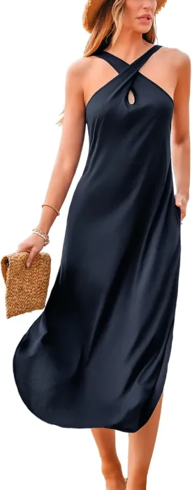 CUPSHE Women Casual Summer Dresses Knit Sundress Halter Sleeveless Cutout Slit Long Beach Vacation 2025 Pockets Maxi Dress