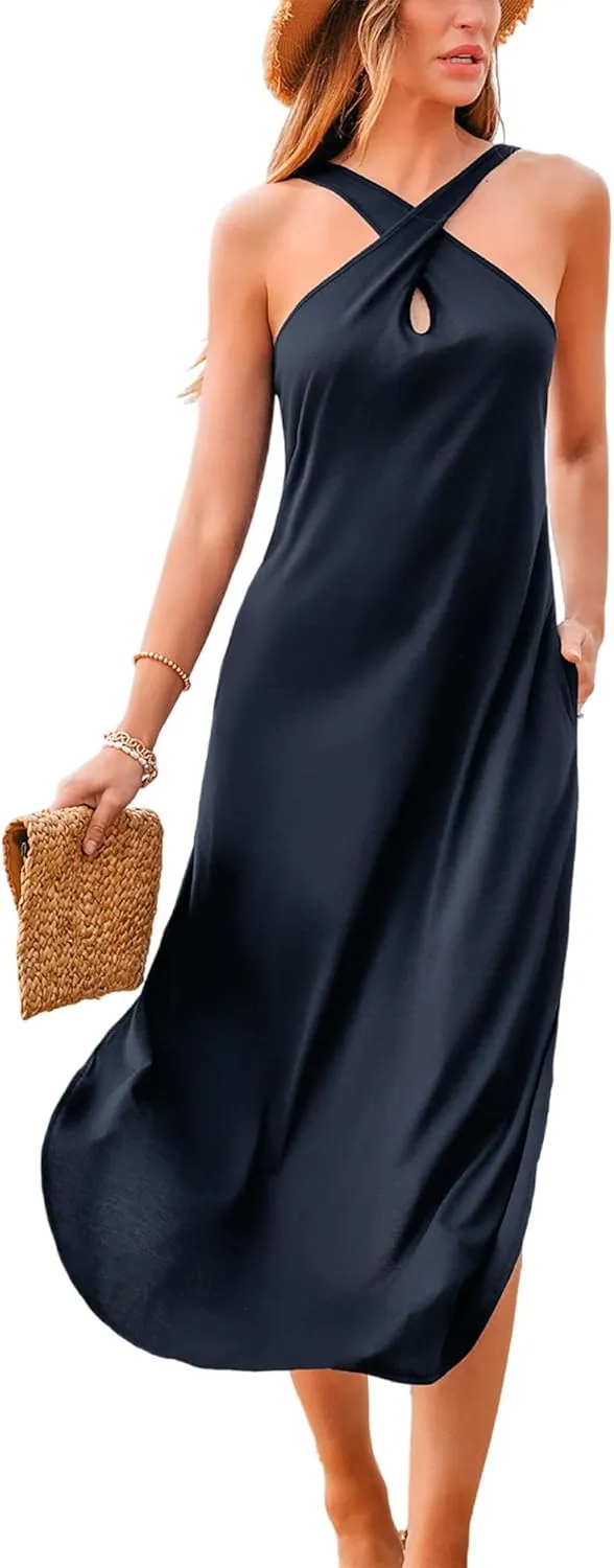 CUPSHE Women Casual Summer Dresses Knit Sundress Halter Sleeveless Cutout Slit Long Beach Vacation 2025 Pockets Maxi Dress