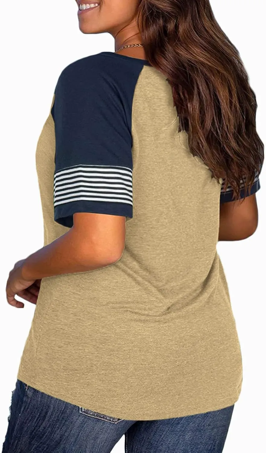 DOLNINE Womens Plus-Size Tops Raglan V Neck T Shirts Striped Short Sleeve Tunics
