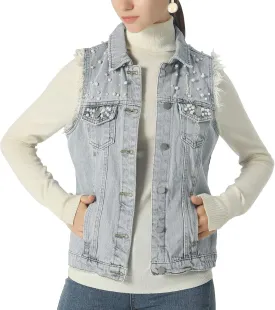 ebossy Women's Candy Color Slim Fit Sleeveless Distressed Denim Jean Vest Jacket