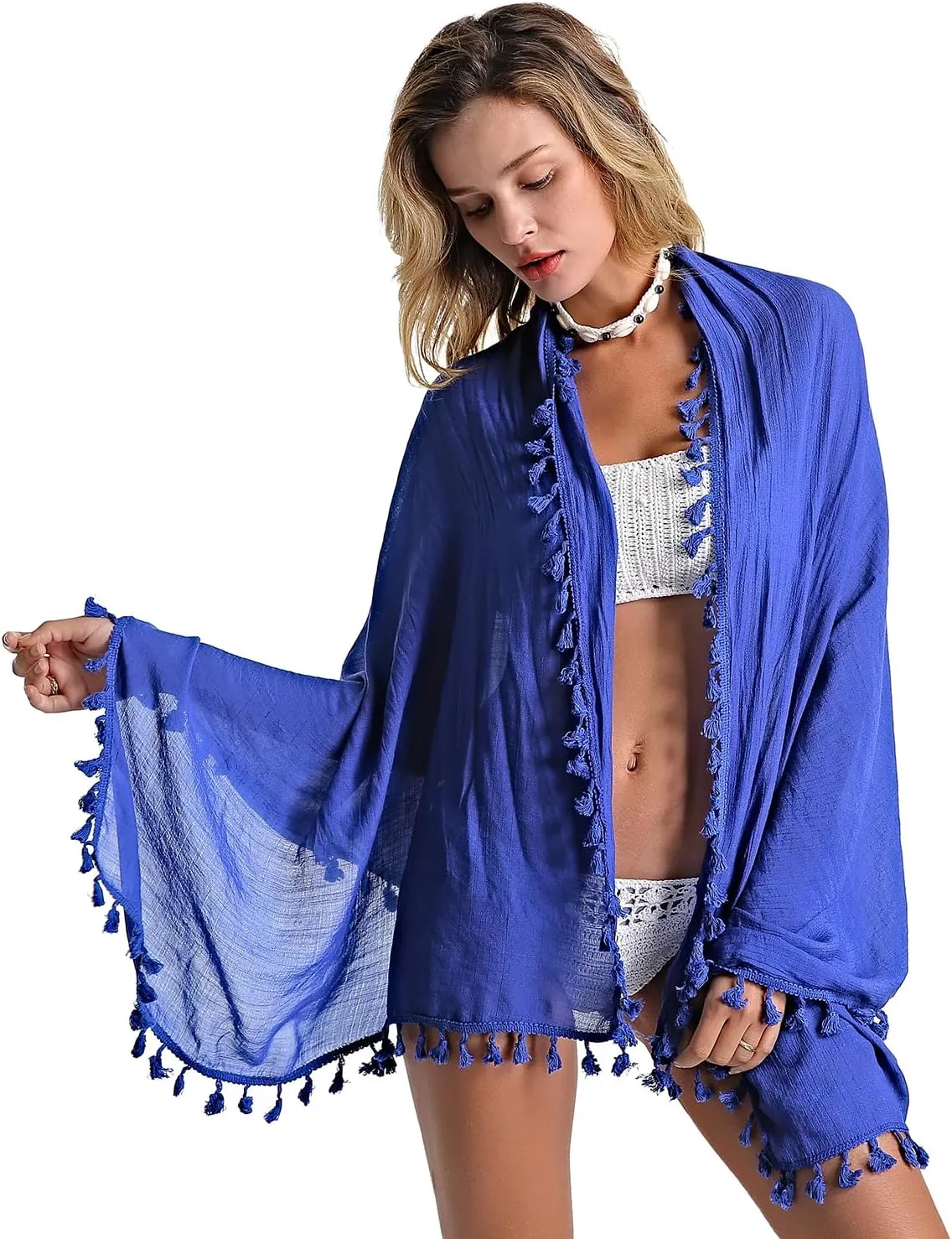 Eicolorte Beach Sarong Pareo Womens Semi-Sheer Swimwear Cover Ups Short Skirt with Tassels