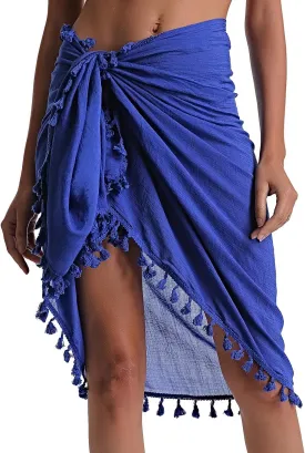 Eicolorte Beach Sarong Pareo Womens Semi-Sheer Swimwear Cover Ups Short Skirt with Tassels
