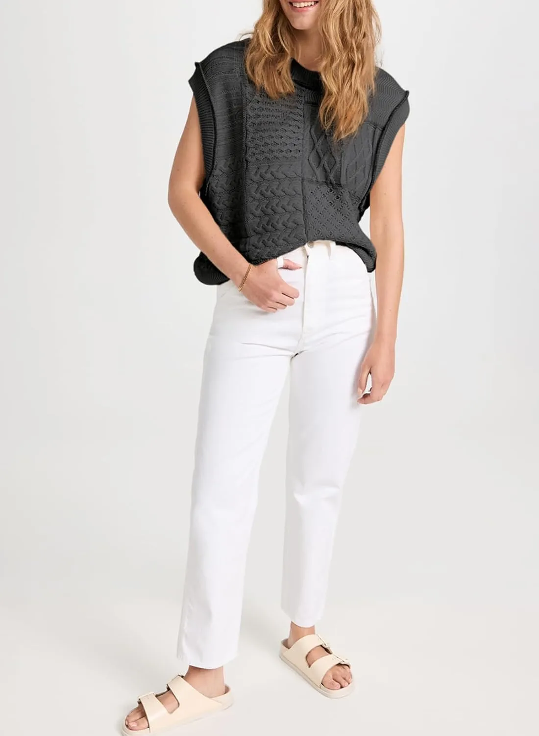 EVALESS Women's Sweater Vests Summer Cap Sleeve Crewneck Sleeveless Knitted Crochet Tops Trendy 2025