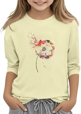 Girls Summer 3/4 Length Sleeve Tops Crew Neck Shirt Casual Athletic Tops Patterned Elbow Sleeve Blouse 3-14 Years