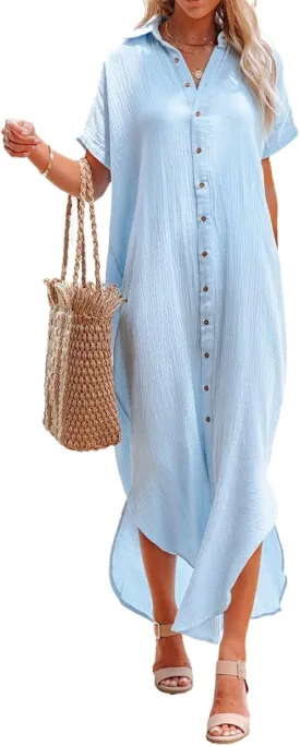 Herseas Womens Casual Short Sleeve Button Down Dress Side Split Long Kimonos Cardigans Swimsuit Cover Ups Beach Dress