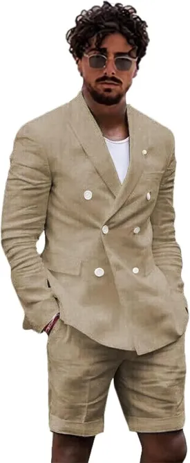Linen 2 Piece Double Breasted Suit Men Summer Shorts Casual Blazer Tuxedo Groom Beach Wedding Dress (Blazer  Shorts)