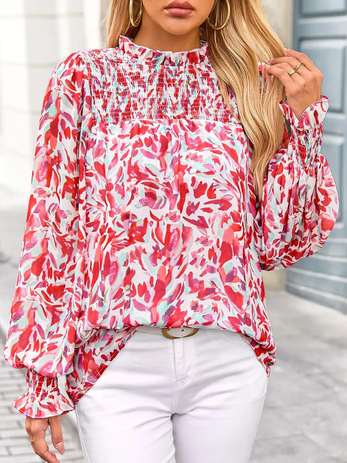 MASCOMODA Womens Blouses 2025 Spring Boho Floral Ruffle High Neck Long Sleeve Tops Dressy Casual Smocked Chiffon Work Shirts