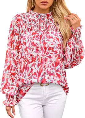 MASCOMODA Womens Blouses 2025 Spring Boho Floral Ruffle High Neck Long Sleeve Tops Dressy Casual Smocked Chiffon Work Shirts