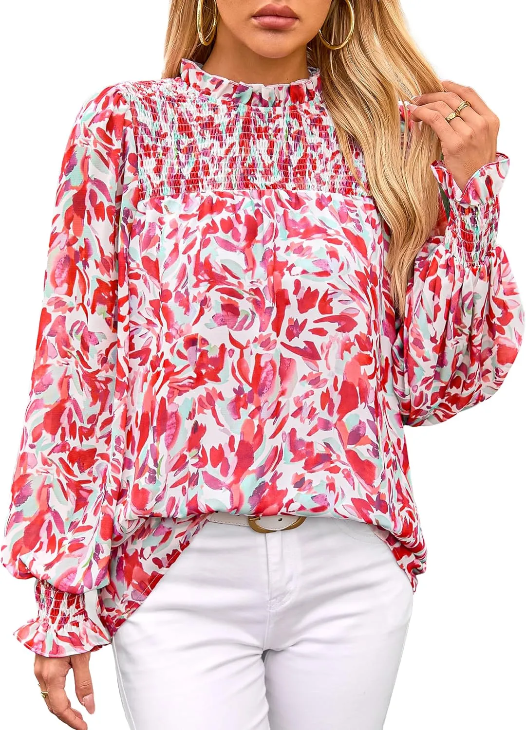 MASCOMODA Womens Blouses 2025 Spring Boho Floral Ruffle High Neck Long Sleeve Tops Dressy Casual Smocked Chiffon Work Shirts