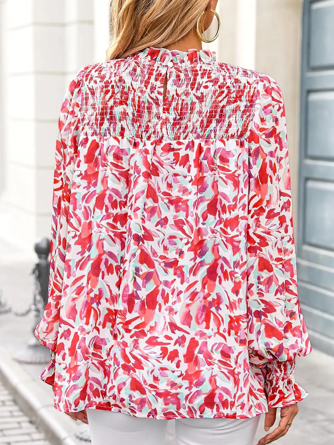 MASCOMODA Womens Blouses 2025 Spring Boho Floral Ruffle High Neck Long Sleeve Tops Dressy Casual Smocked Chiffon Work Shirts