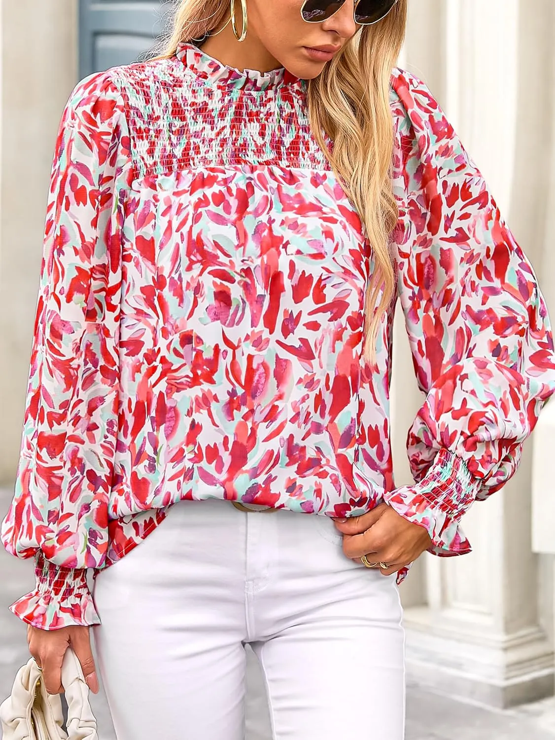 MASCOMODA Womens Blouses 2025 Spring Boho Floral Ruffle High Neck Long Sleeve Tops Dressy Casual Smocked Chiffon Work Shirts