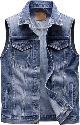 Men's Multi Pocket Denim Vest Trucker Sleeveless Jean Outerwear Casual Vintage Button Cowboy Vests