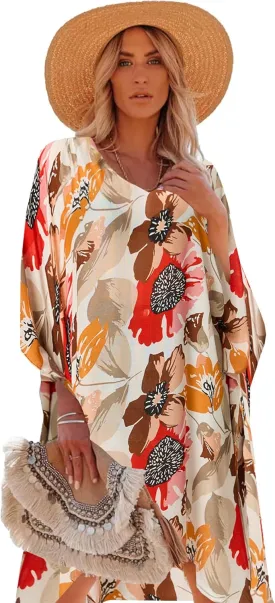 Moss Rose Women's Swimsuit Cover up Beach Kaftan for Bathing Suit with Floral Pattern