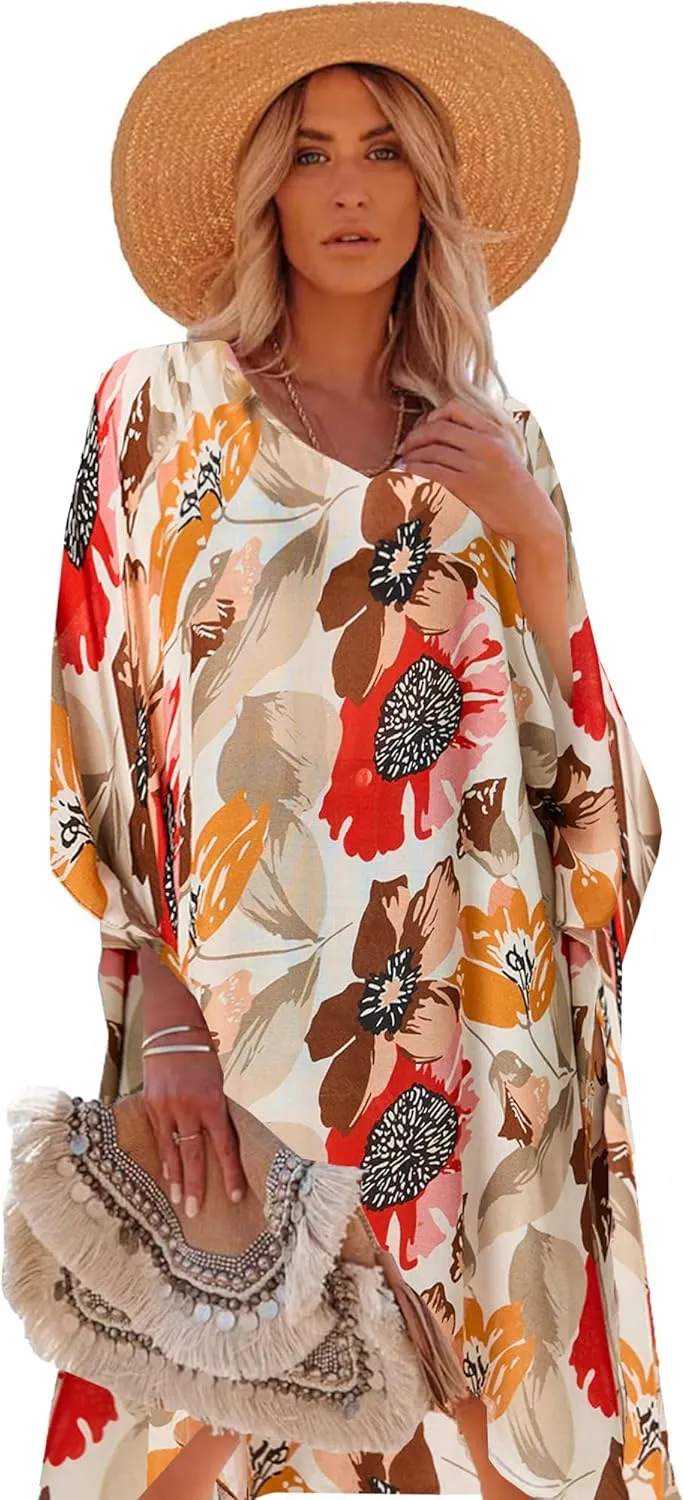 Moss Rose Women's Swimsuit Cover up Beach Kaftan for Bathing Suit with Floral Pattern