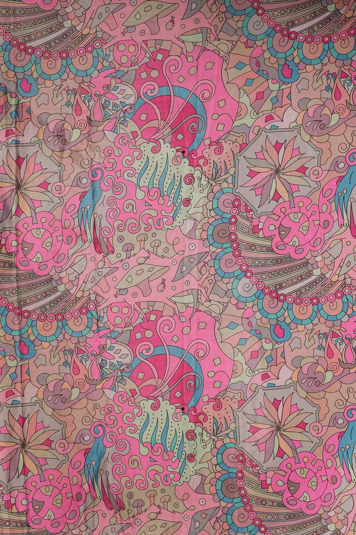 Multi Color Quirky Pattern Digital Print On Pink Crepe Fabric