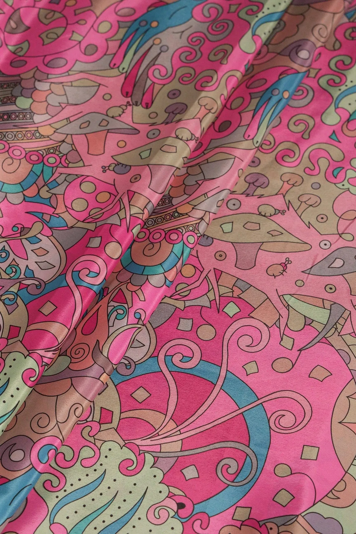 Multi Color Quirky Pattern Digital Print On Pink Crepe Fabric