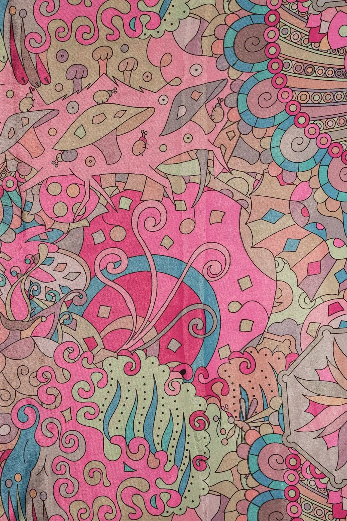 Multi Color Quirky Pattern Digital Print On Pink Crepe Fabric