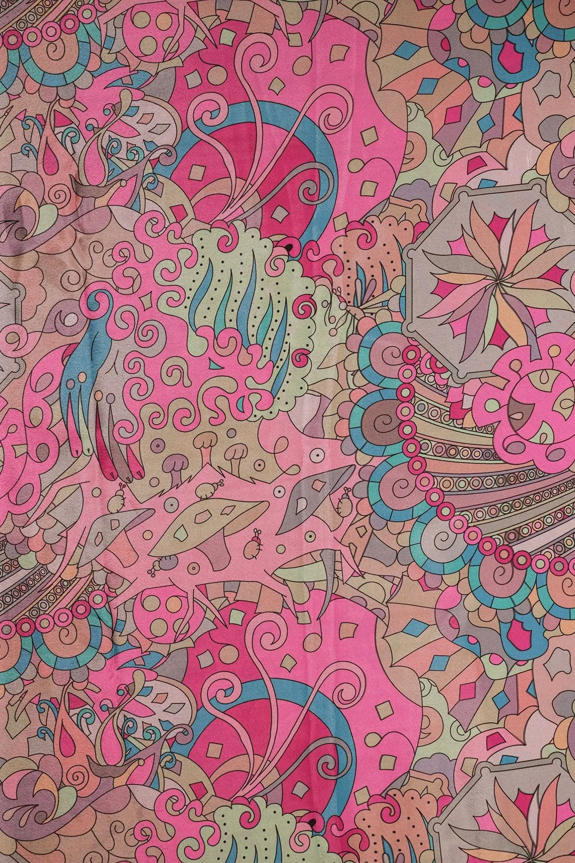 Multi Color Quirky Pattern Digital Print On Pink Crepe Fabric
