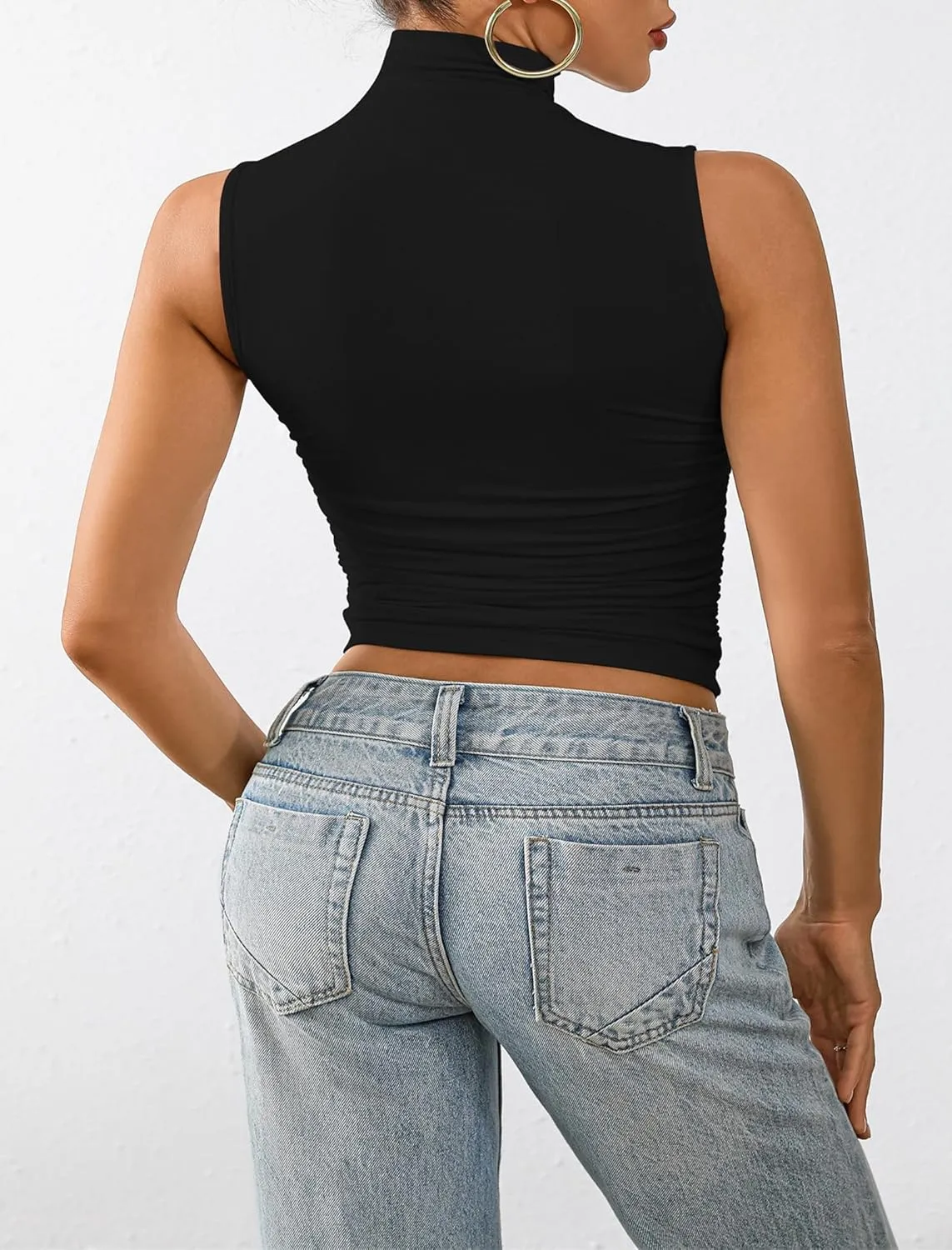 Nasperee Women Sleeveless/Cap Sleeve Mock Turtleneck Tank Tops Slim Fit Side Ruched Stretch Crop Y2K Tee Shirts
