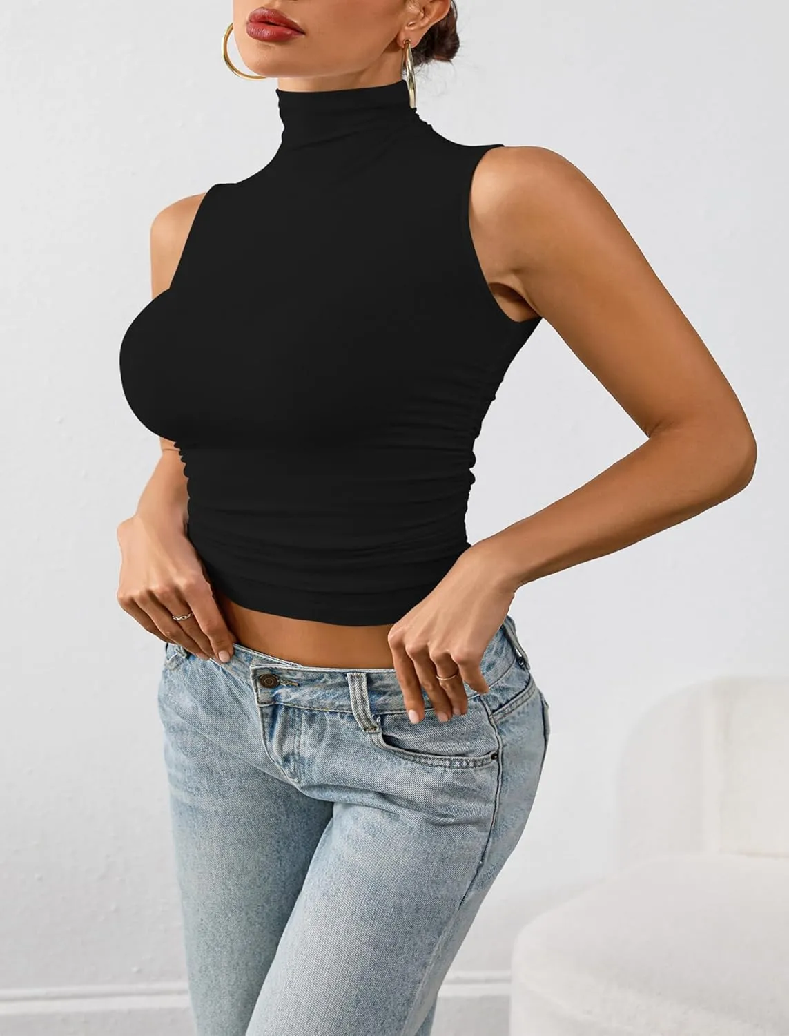 Nasperee Women Sleeveless/Cap Sleeve Mock Turtleneck Tank Tops Slim Fit Side Ruched Stretch Crop Y2K Tee Shirts