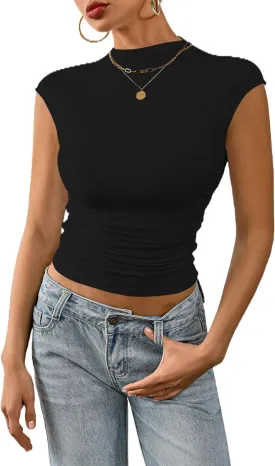 Nasperee Women Sleeveless/Cap Sleeve Mock Turtleneck Tank Tops Slim Fit Side Ruched Stretch Crop Y2K Tee Shirts
