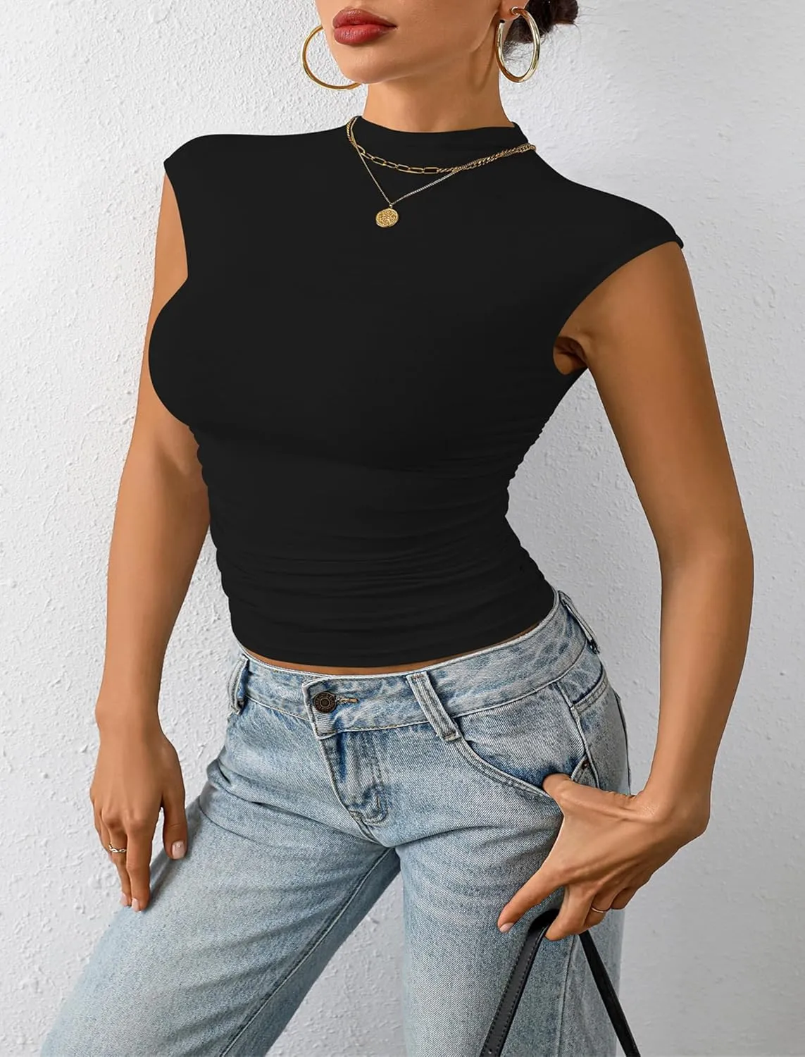 Nasperee Women Sleeveless/Cap Sleeve Mock Turtleneck Tank Tops Slim Fit Side Ruched Stretch Crop Y2K Tee Shirts