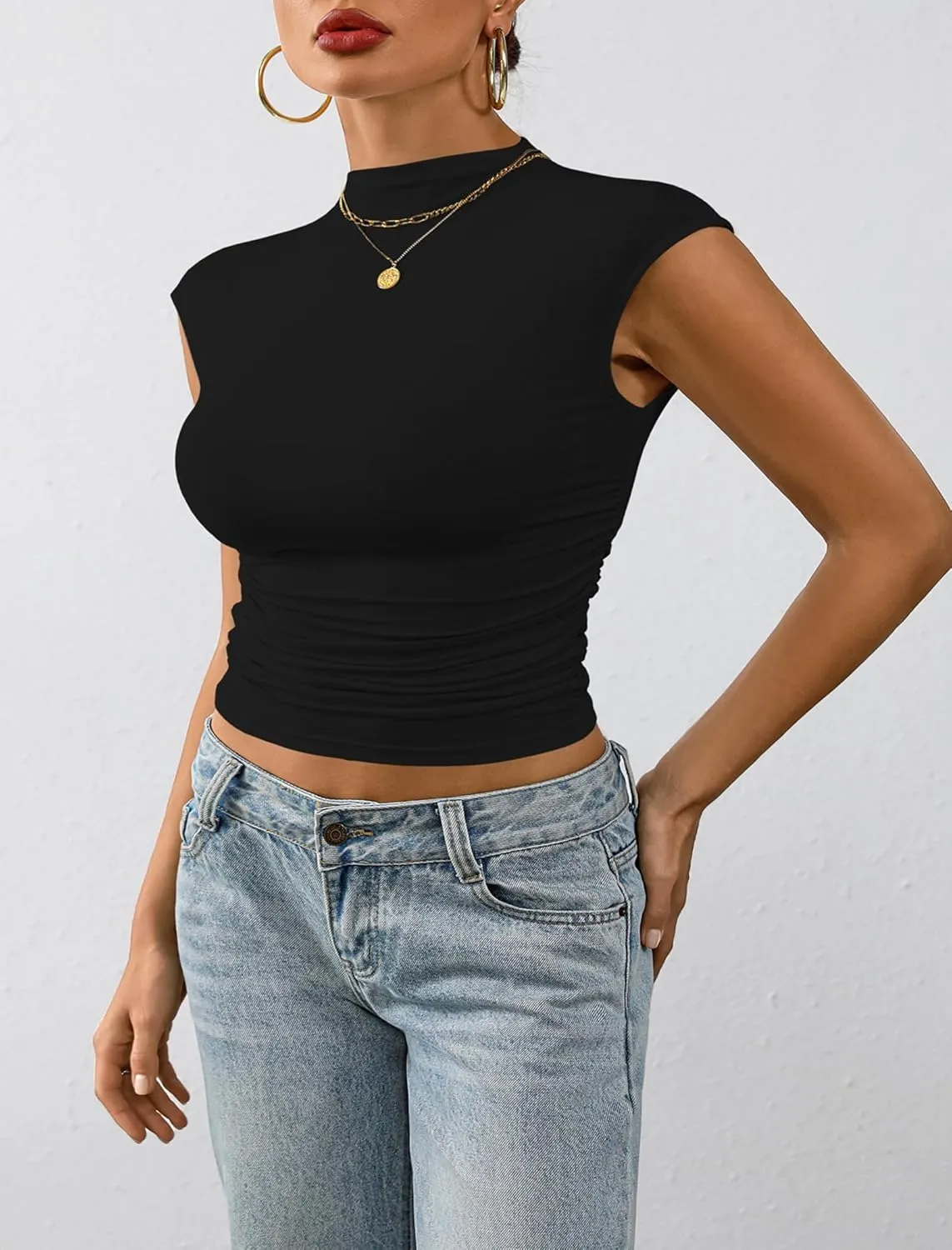 Nasperee Women Sleeveless/Cap Sleeve Mock Turtleneck Tank Tops Slim Fit Side Ruched Stretch Crop Y2K Tee Shirts