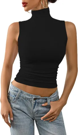 Nasperee Women Sleeveless/Cap Sleeve Mock Turtleneck Tank Tops Slim Fit Side Ruched Stretch Crop Y2K Tee Shirts