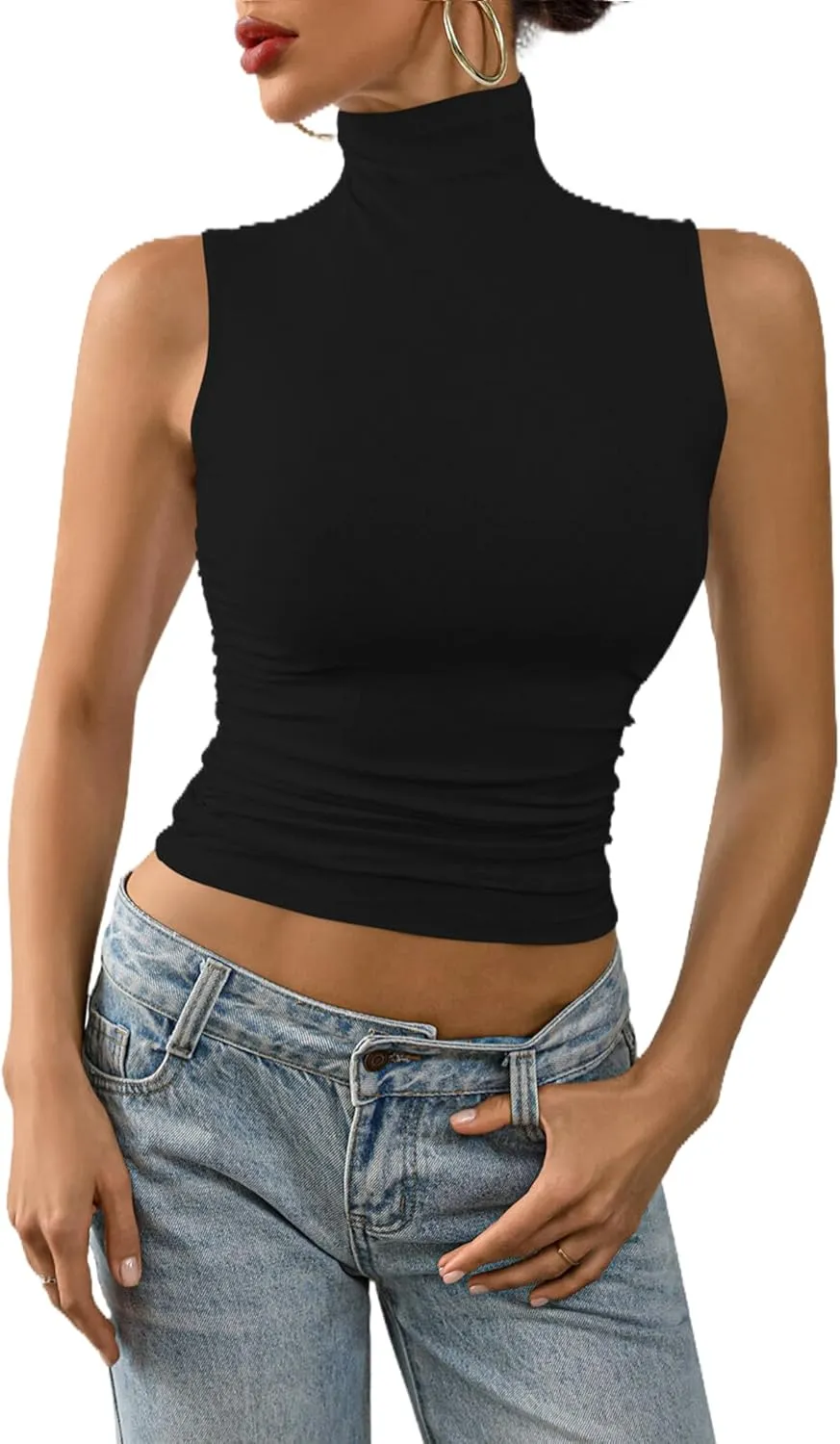 Nasperee Women Sleeveless/Cap Sleeve Mock Turtleneck Tank Tops Slim Fit Side Ruched Stretch Crop Y2K Tee Shirts