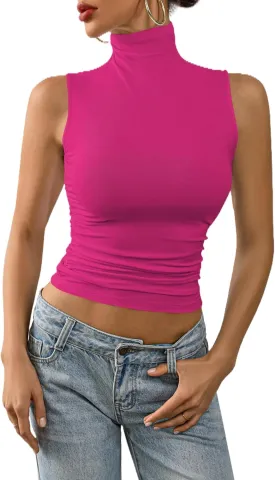 Nasperee Women Sleeveless/Cap Sleeve Mock Turtleneck Tank Tops Slim Fit Side Ruched Stretch Crop Y2K Tee Shirts