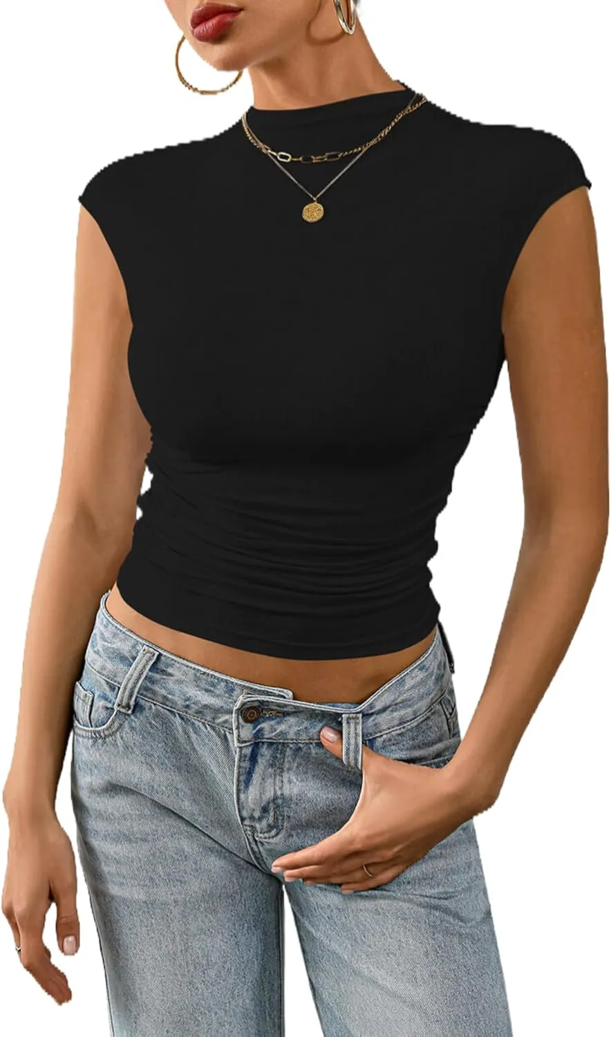 Nasperee Women Sleeveless/Cap Sleeve Mock Turtleneck Tank Tops Slim Fit Side Ruched Stretch Crop Y2K Tee Shirts
