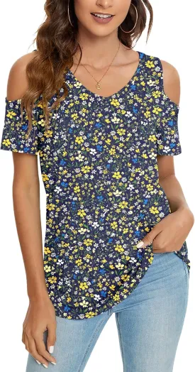 NILOUFO Womens Summer Casual Shirts Short Sleeve Cold Shoulder Tops Blouses Tunics