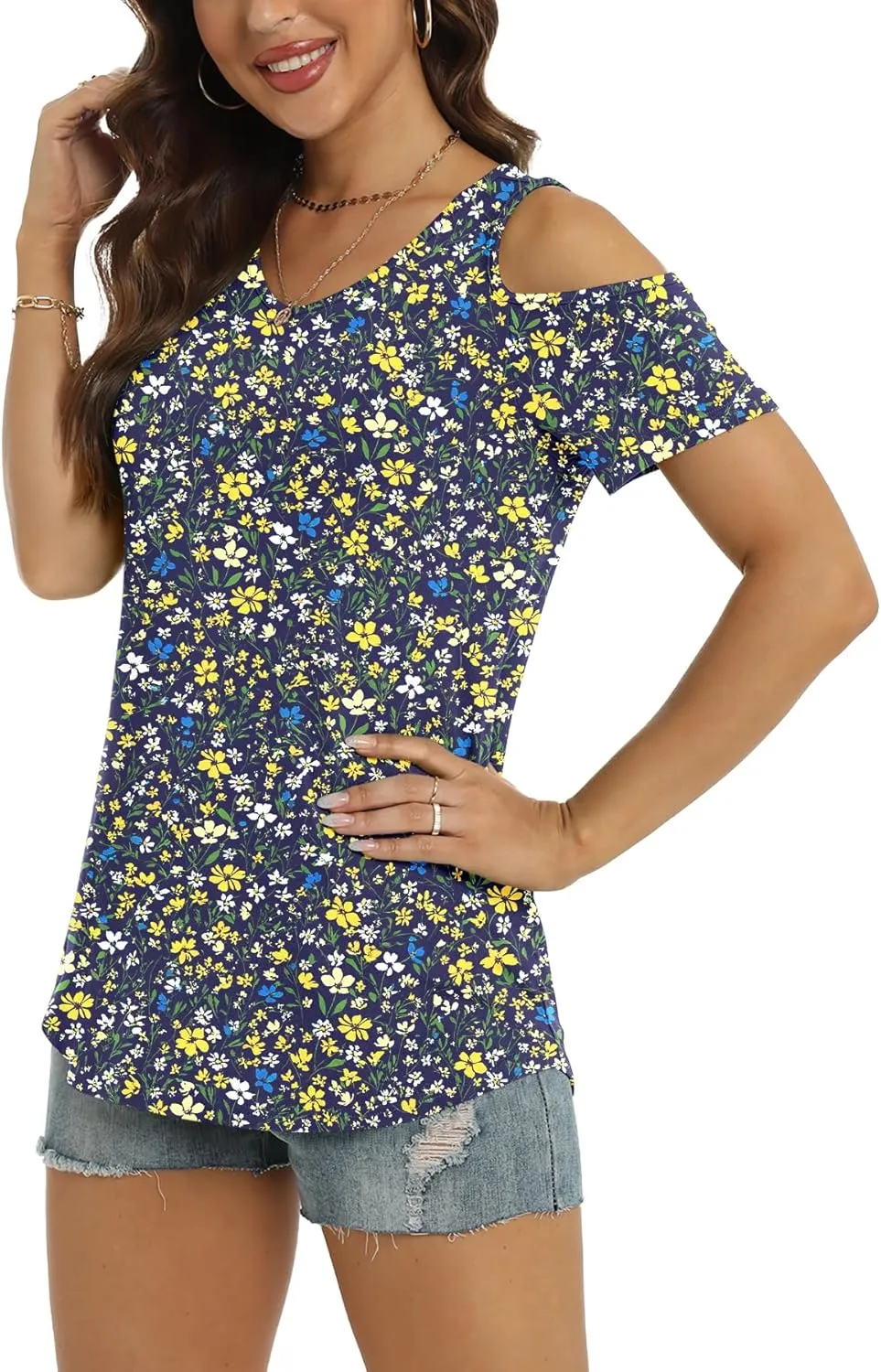 NILOUFO Womens Summer Casual Shirts Short Sleeve Cold Shoulder Tops Blouses Tunics