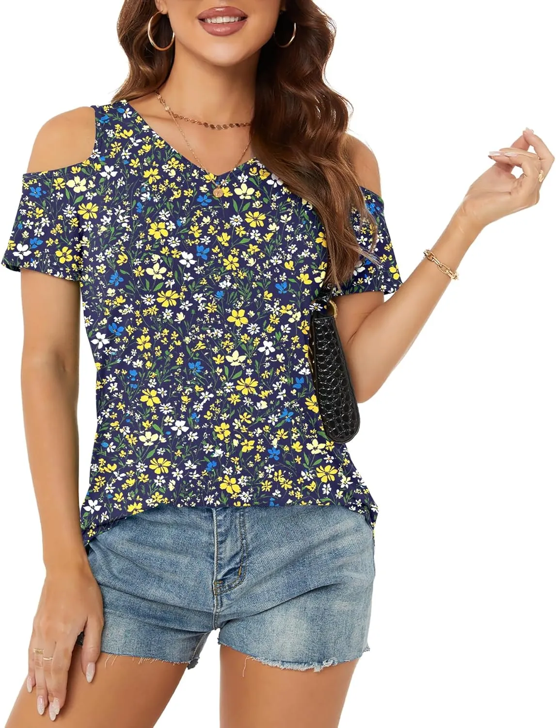 NILOUFO Womens Summer Casual Shirts Short Sleeve Cold Shoulder Tops Blouses Tunics